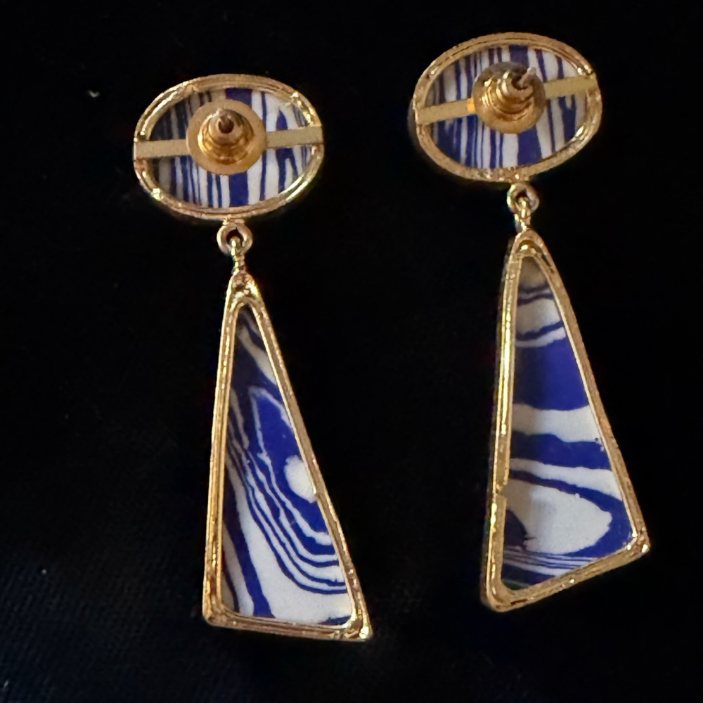 Blue and White Patterned Triangle Gold Border Dangling Statement Post Earrings - Picture 13 of 16
